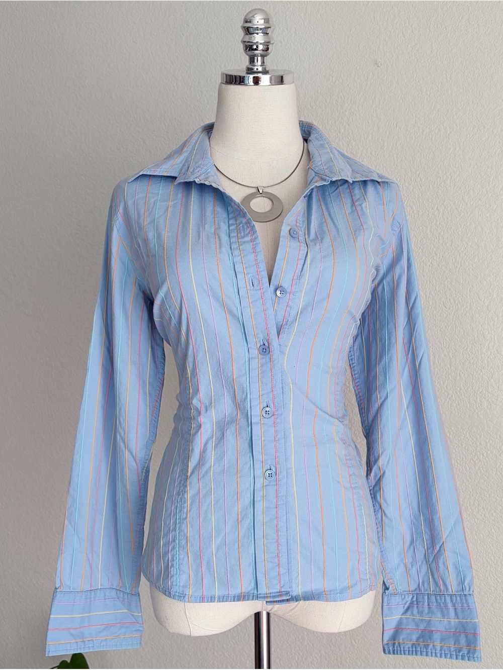 Light Blue Colorful Striped Button-Up Shirt